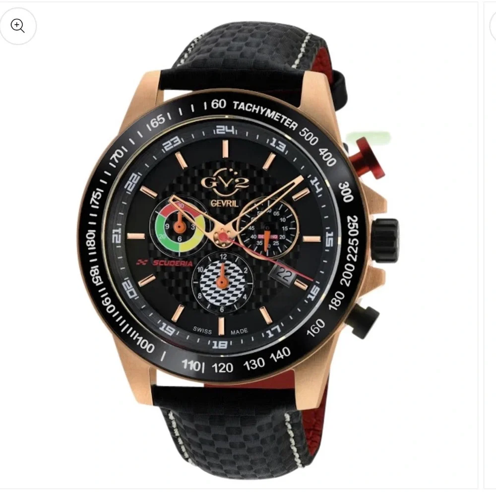 NEW GV2 BY GEVRIL Scuderia Chronograph Tachymeter Black Dial Men's Swiss Watch